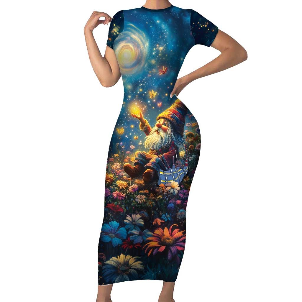 Nollaig Chridheil Scottish Gnome Short Sleeve Bodycon Dress Merry Christmas with Starry Night - Wonder Print Shop
