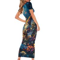 Nollaig Chridheil Scottish Gnome Short Sleeve Bodycon Dress Merry Christmas with Starry Night - Wonder Print Shop