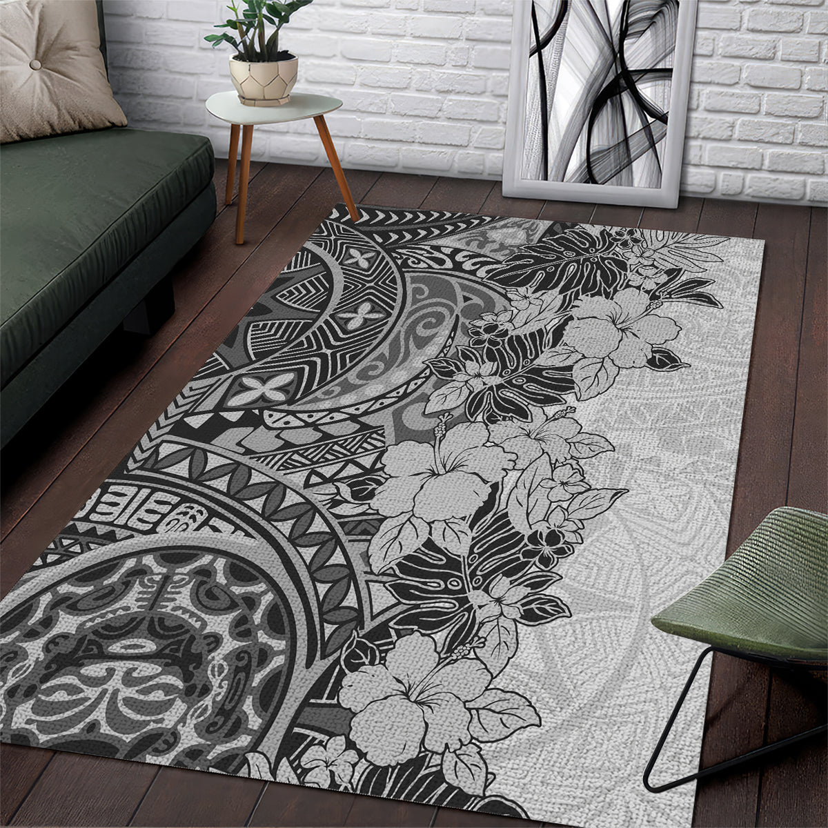 Polynesia Area Rug Hibiscus and Hawaiian Tribal Tattoo Retro Style Gray Color LT9 - Wonder Print Shop