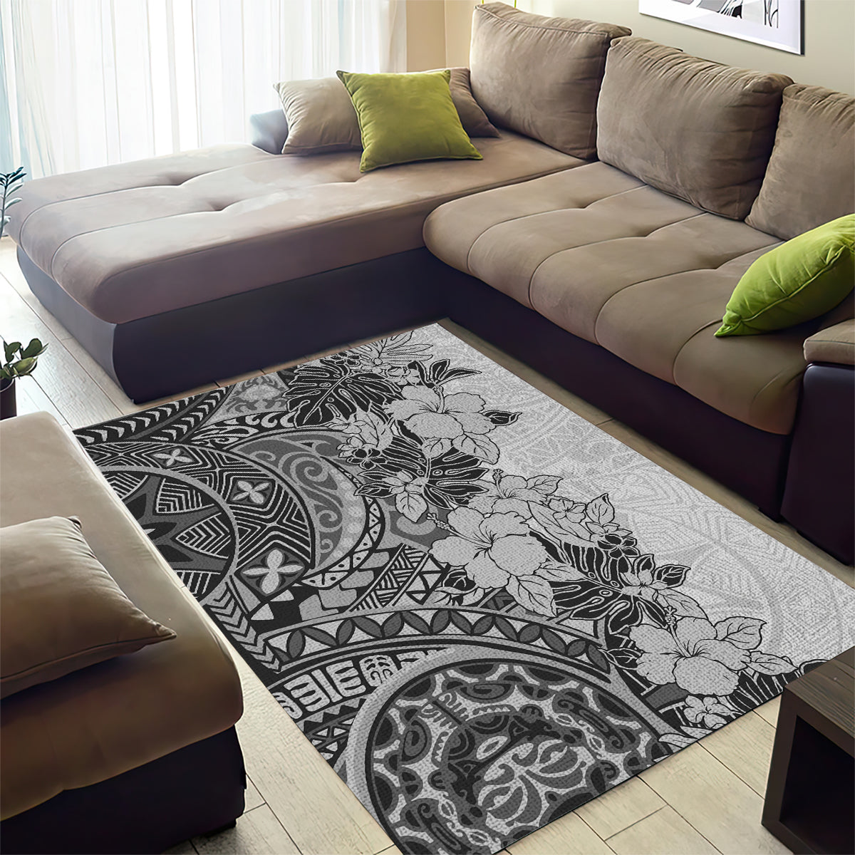 Polynesia Area Rug Hibiscus and Hawaiian Tribal Tattoo Retro Style Gray Color LT9 - Wonder Print Shop