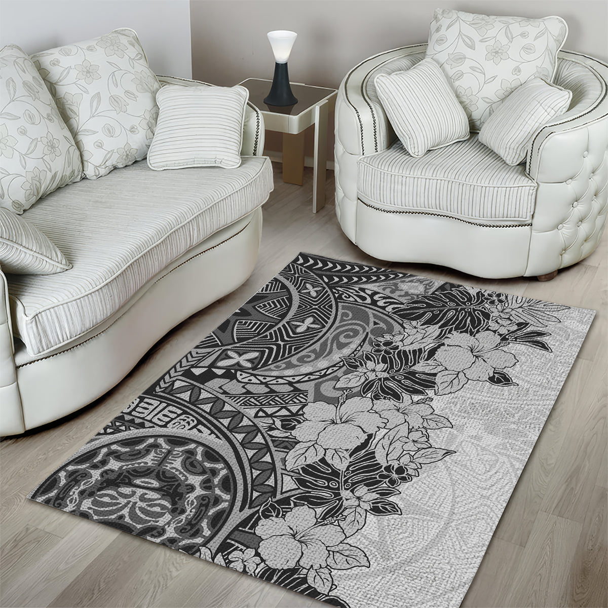 Polynesia Area Rug Hibiscus and Hawaiian Tribal Tattoo Retro Style Gray Color LT9 - Wonder Print Shop