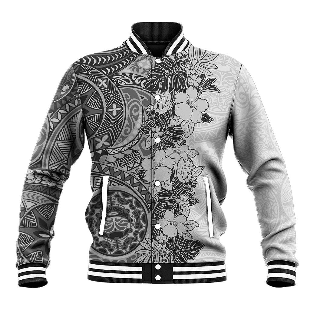 Polynesia Baseball Jacket Hibiscus and Hawaiian Tribal Tattoo Retro Style Gray Color LT9 - Wonder Print Shop