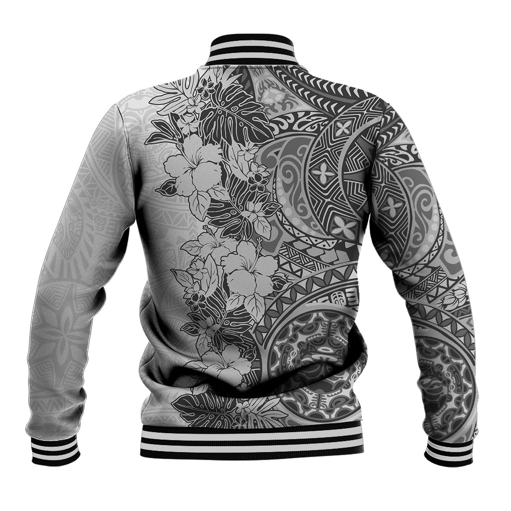 Polynesia Baseball Jacket Hibiscus and Hawaiian Tribal Tattoo Retro Style Gray Color LT9 - Wonder Print Shop