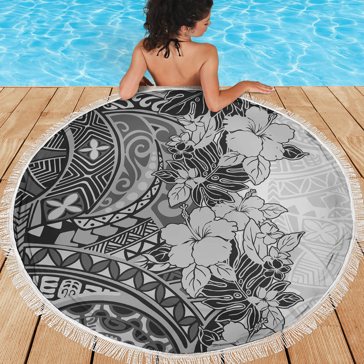Polynesia Beach Blanket Hibiscus and Hawaiian Tribal Tattoo Retro Style Gray Color LT9 - Wonder Print Shop