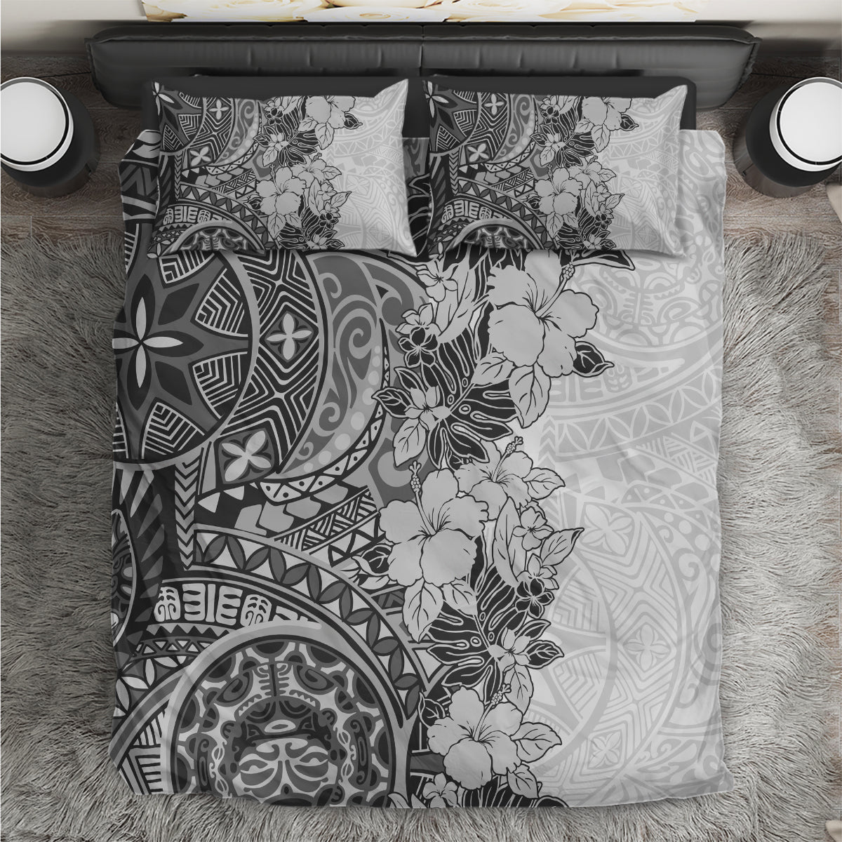 Polynesia Bedding Set Hibiscus and Hawaiian Tribal Tattoo Retro Style Gray Color LT9 - Wonder Print Shop