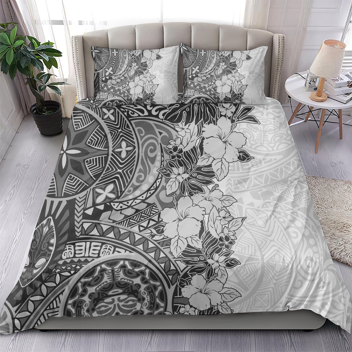 Polynesia Bedding Set Hibiscus and Hawaiian Tribal Tattoo Retro Style Gray Color LT9 - Wonder Print Shop