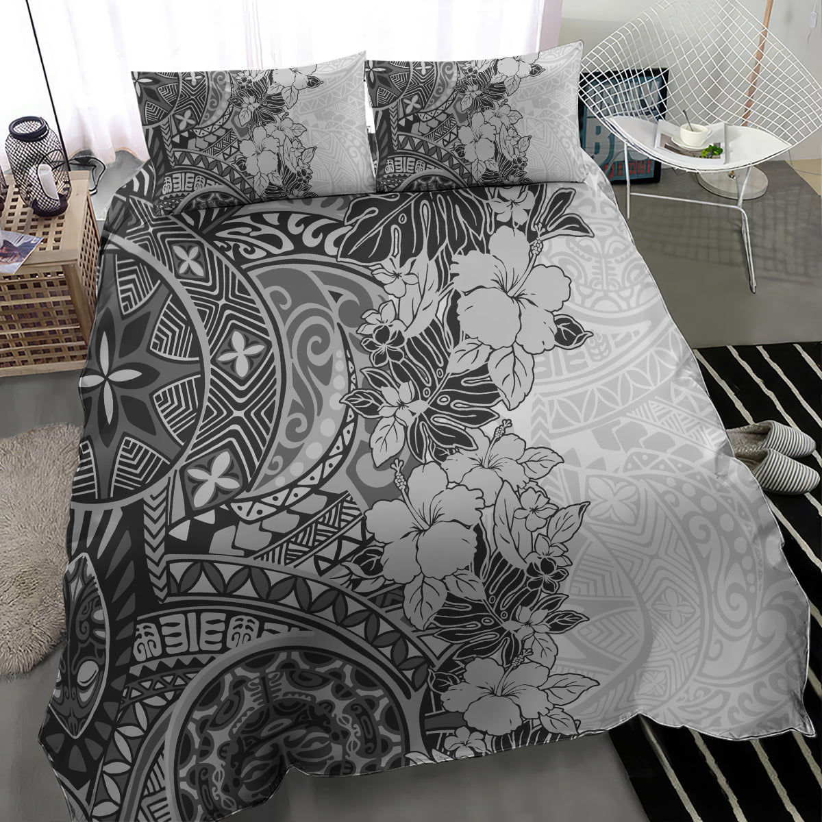 Polynesia Bedding Set Hibiscus and Hawaiian Tribal Tattoo Retro Style Gray Color LT9 - Wonder Print Shop