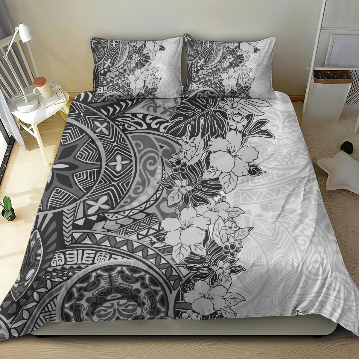 Polynesia Bedding Set Hibiscus and Hawaiian Tribal Tattoo Retro Style Gray Color LT9 - Wonder Print Shop