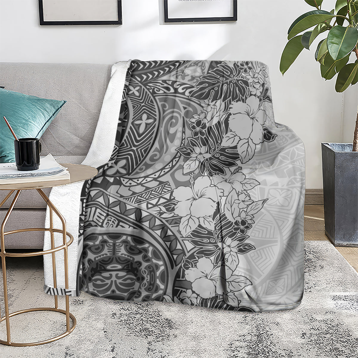 polynesia-blanket-hibiscus-and-hawaiian-tribal-tattoo-retro-style-gray-color