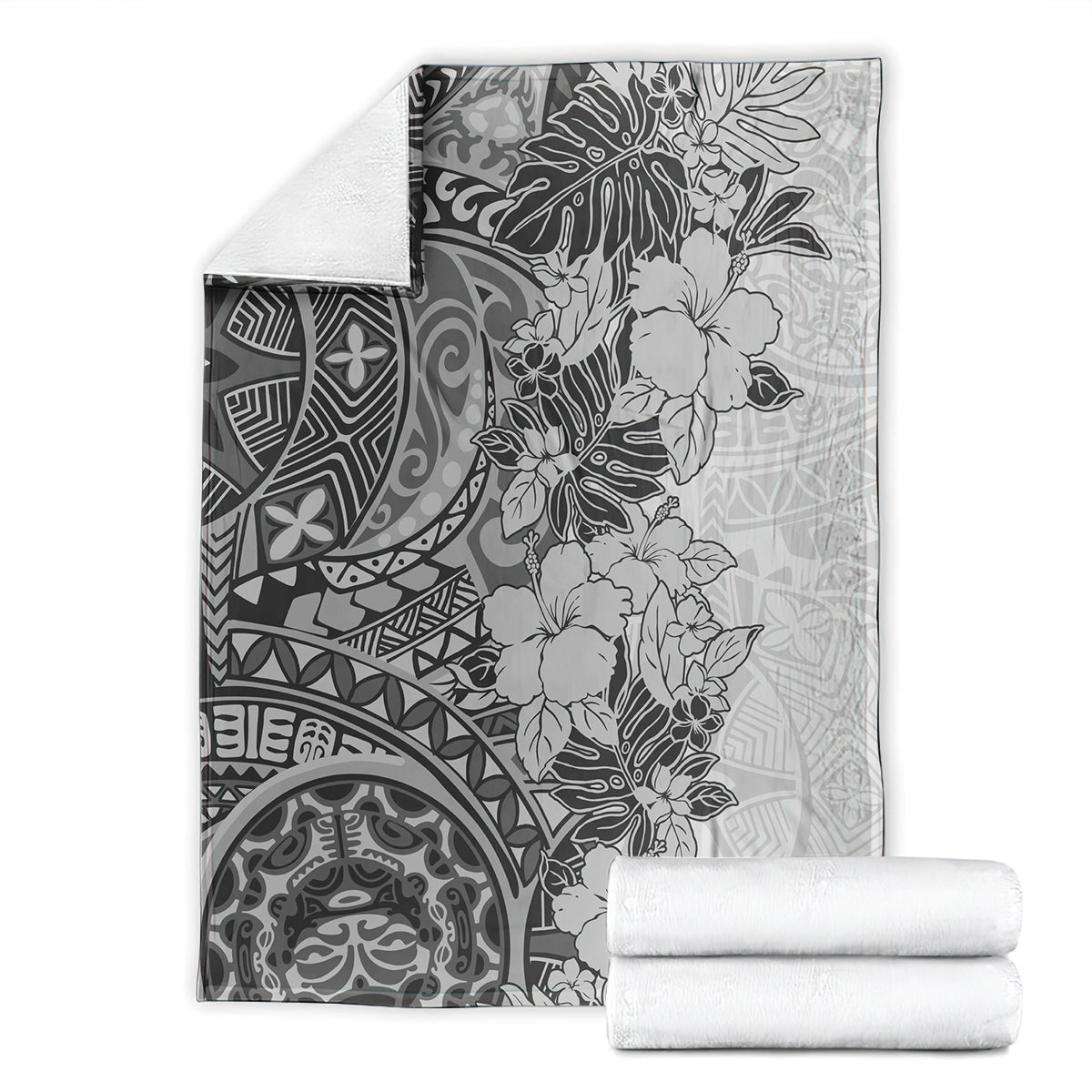 polynesia-blanket-hibiscus-and-hawaiian-tribal-tattoo-retro-style-gray-color