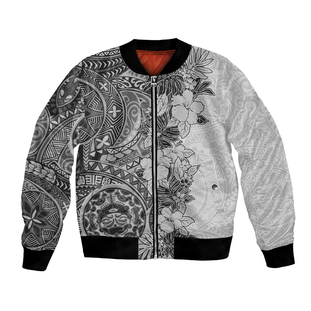 Polynesia Bomber Jacket Hibiscus and Hawaiian Tribal Tattoo Retro Style Gray Color LT9 - Wonder Print Shop