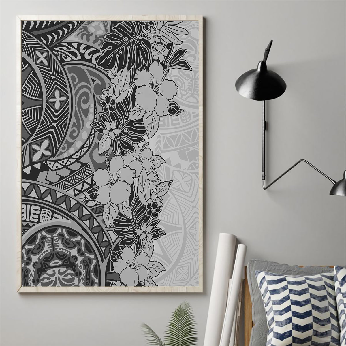 Polynesia Canvas Wall Art Hibiscus and Hawaiian Tribal Tattoo Retro Style Gray Color LT9 - Wonder Print Shop