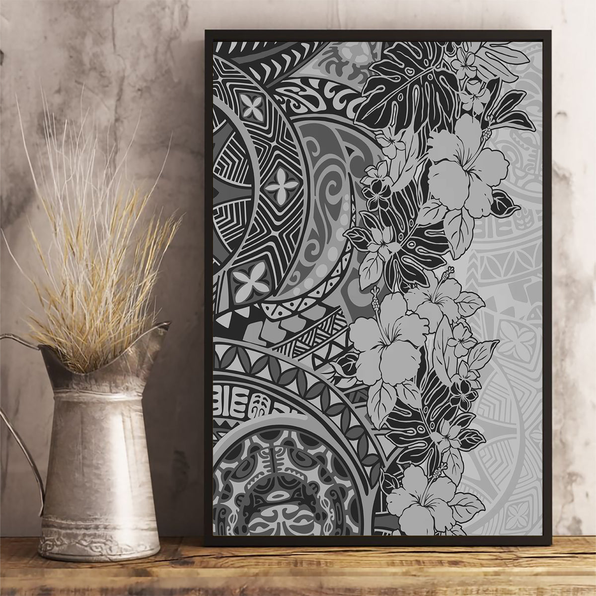 Polynesia Canvas Wall Art Hibiscus and Hawaiian Tribal Tattoo Retro Style Gray Color LT9 - Wonder Print Shop