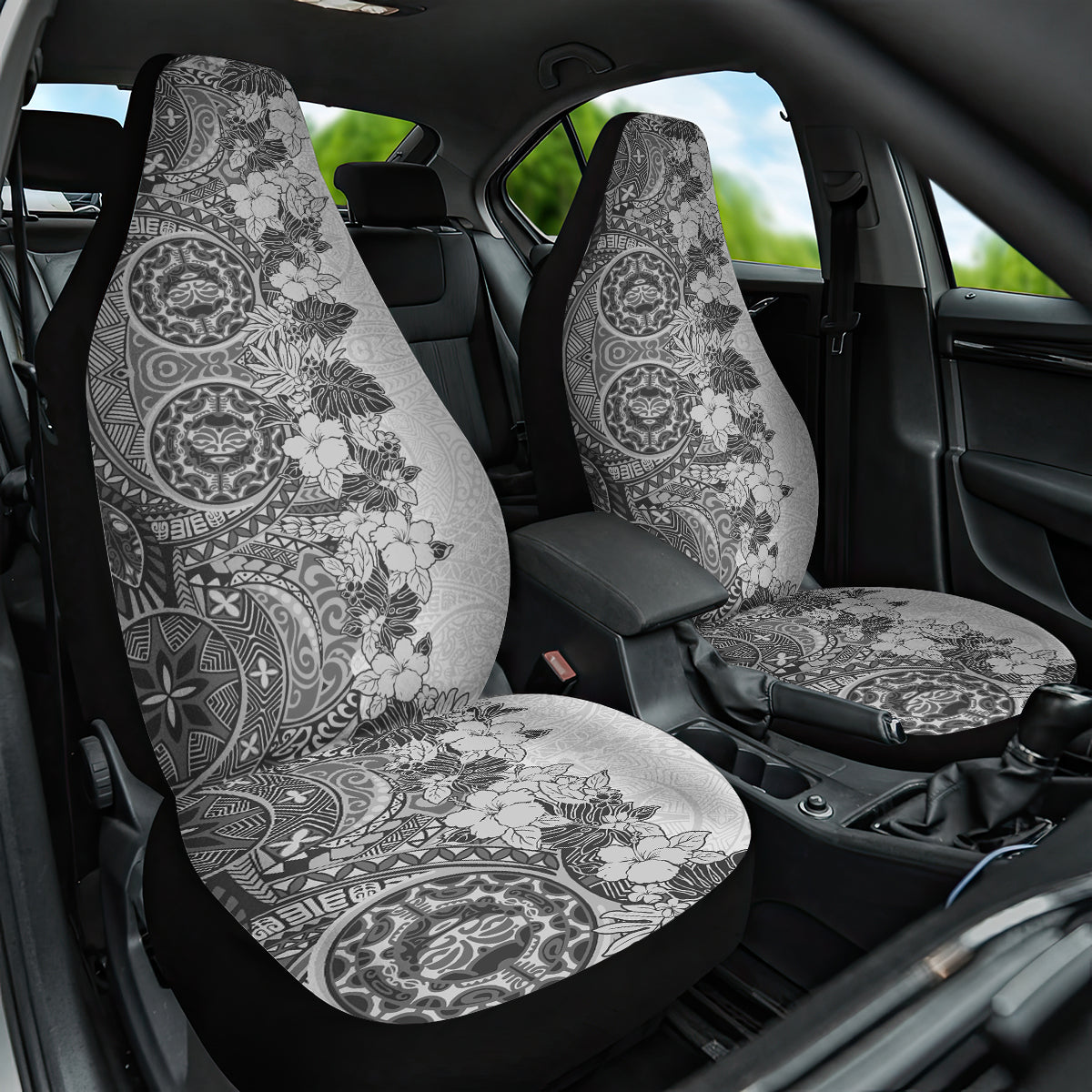 Polynesia Car Seat Cover Hibiscus and Hawaiian Tribal Tattoo Retro Style Gray Color LT9 - Wonder Print Shop