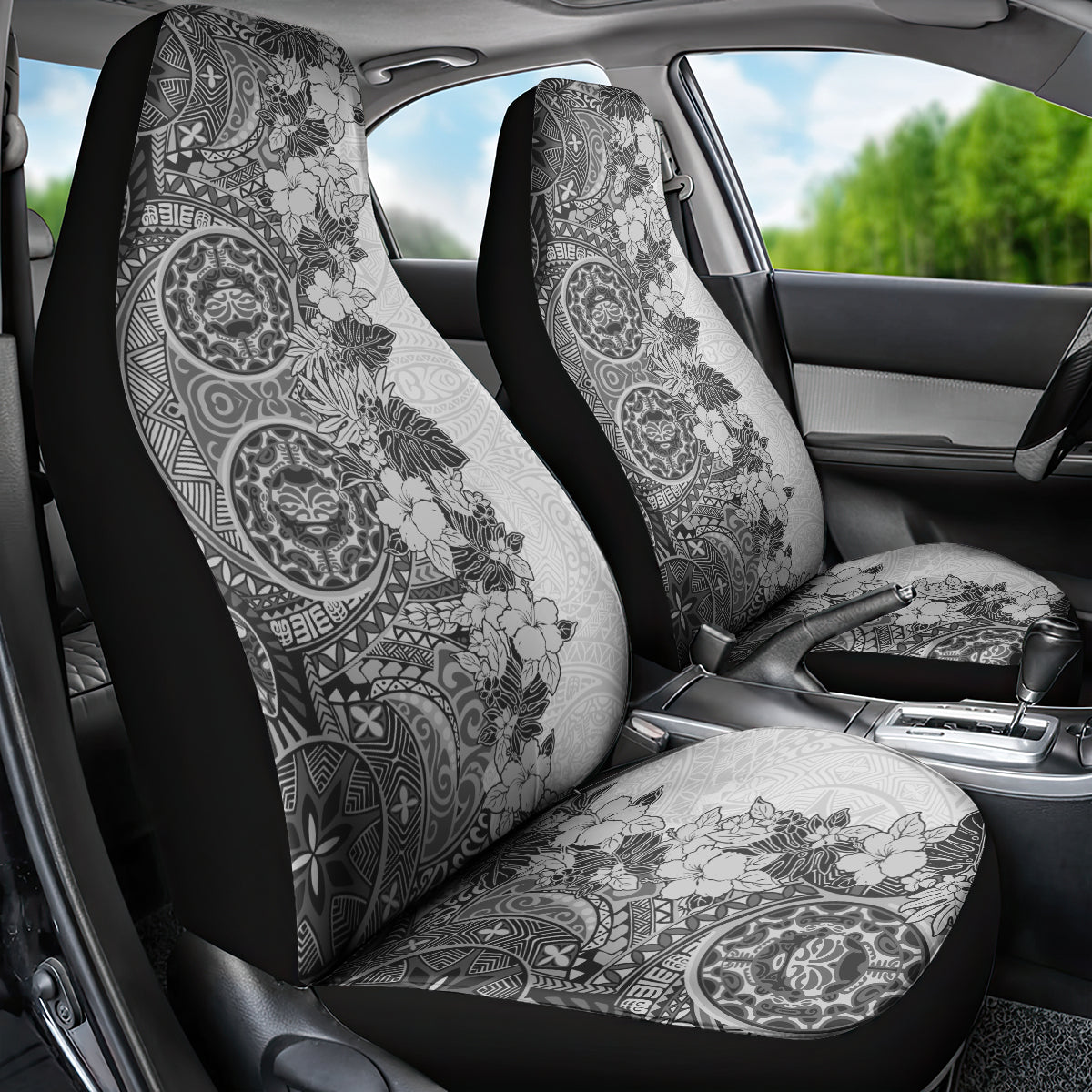 Polynesia Car Seat Cover Hibiscus and Hawaiian Tribal Tattoo Retro Style Gray Color LT9 - Wonder Print Shop