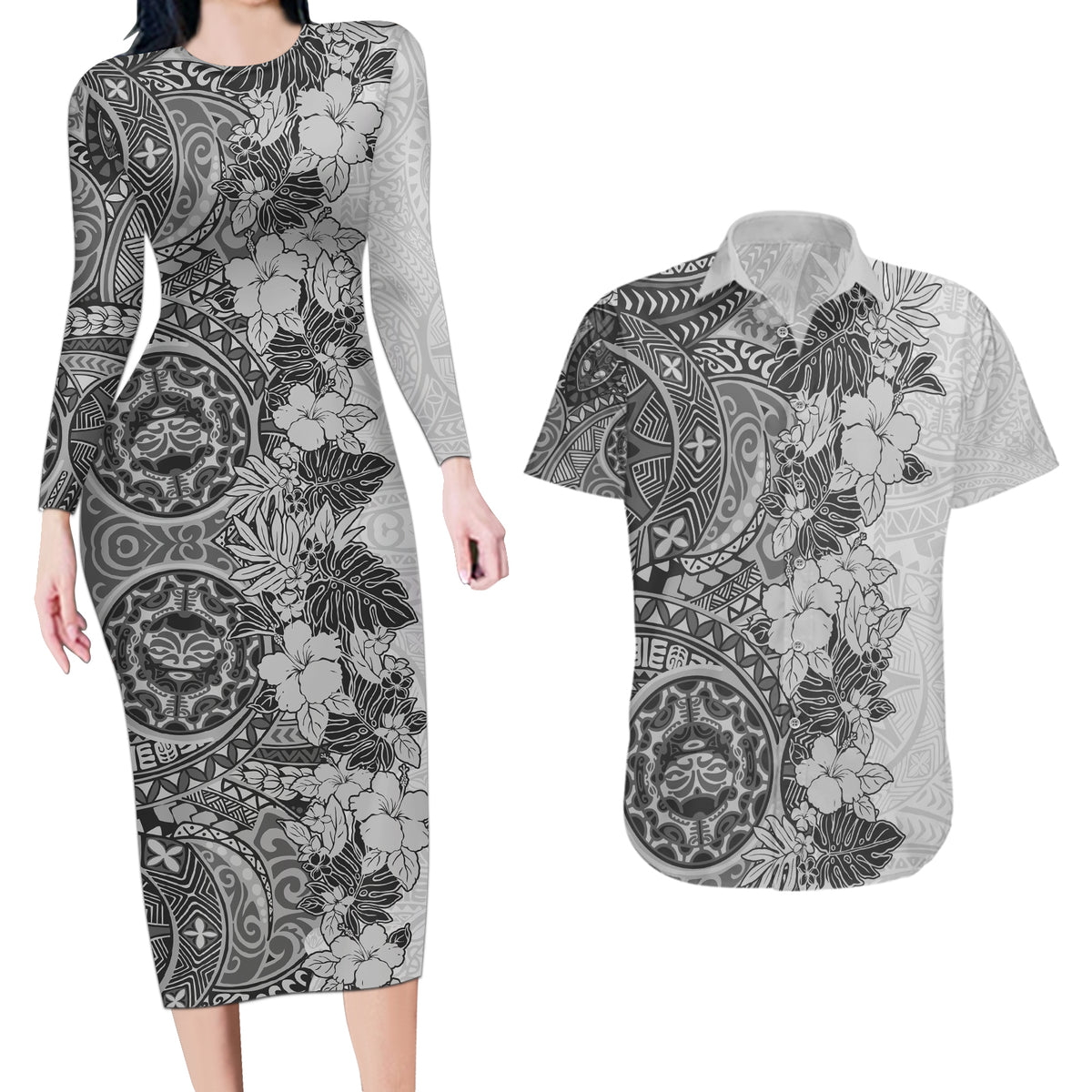 Polynesia Couples Matching Long Sleeve Bodycon Dress and Hawaiian Shirt Hibiscus and Hawaiian Tribal Tattoo Retro Style Gray Color LT9 - Wonder Print Shop