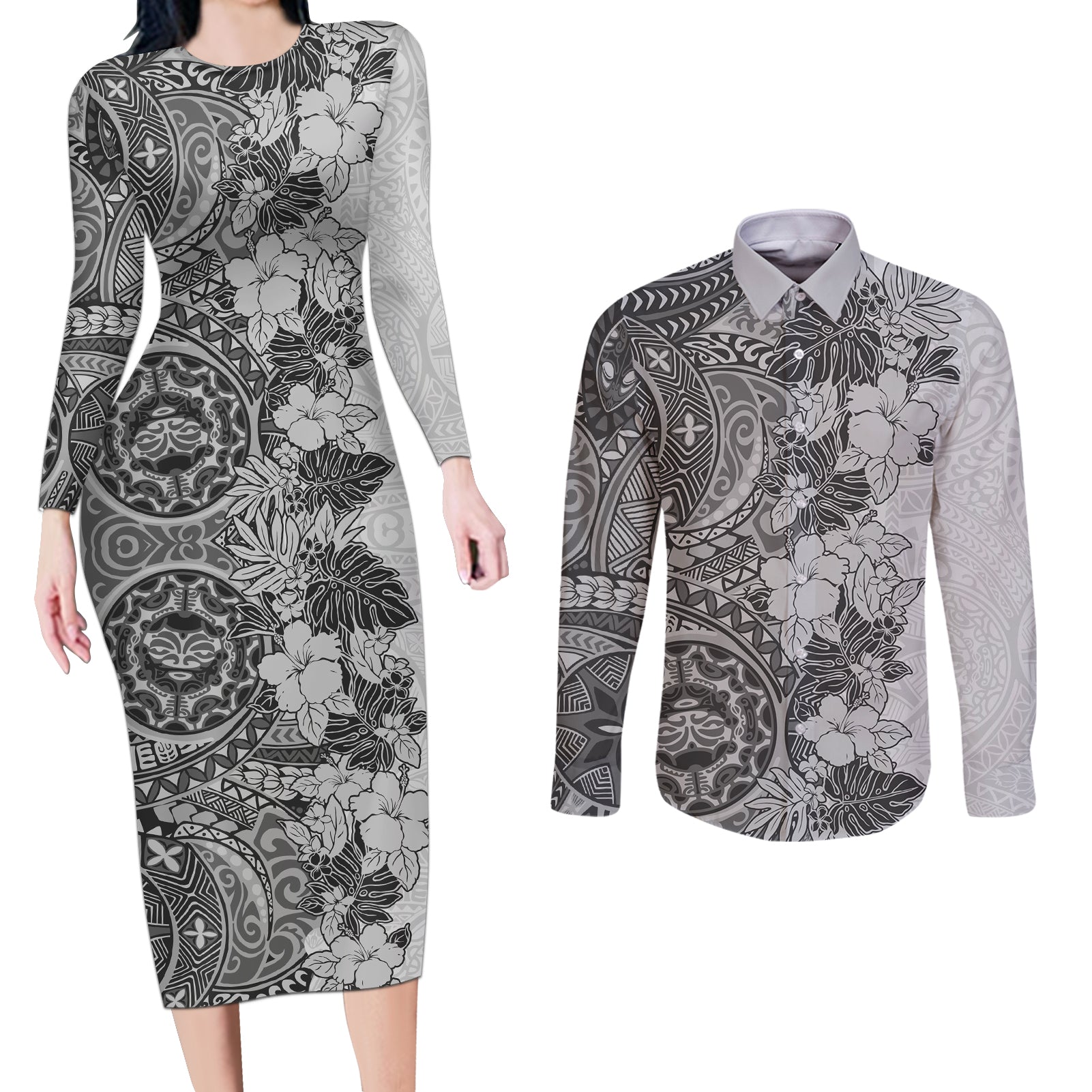 Polynesia Couples Matching Long Sleeve Bodycon Dress and Long Sleeve Button Shirt Hibiscus and Hawaiian Tribal Tattoo Retro Style Gray Color LT9 - Wonder Print Shop