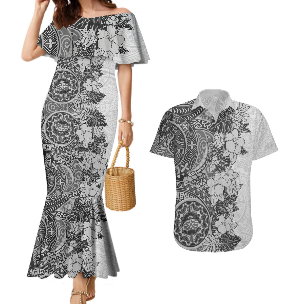 Polynesia Couples Matching Mermaid Dress and Hawaiian Shirt Hibiscus and Hawaiian Tribal Tattoo Retro Style Gray Color LT9 - Wonder Print Shop