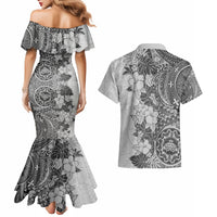 Polynesia Couples Matching Mermaid Dress and Hawaiian Shirt Hibiscus and Hawaiian Tribal Tattoo Retro Style Gray Color LT9 - Wonder Print Shop