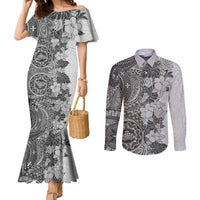 polynesia-couples-matching-mermaid-dress-and-long-sleeve-button-shirt-hibiscus-and-hawaiian-tribal-tattoo-retro-style-gray-color