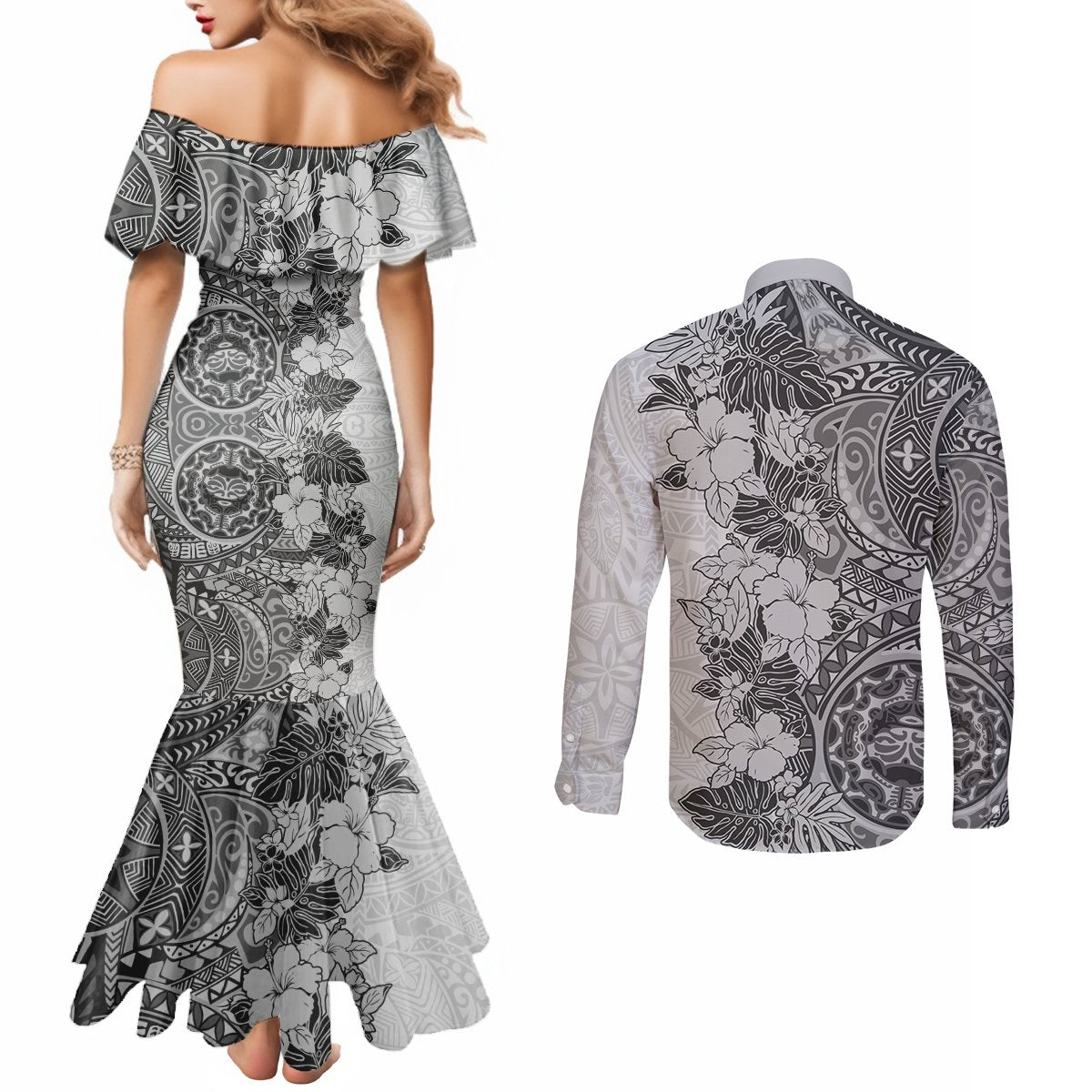 polynesia-couples-matching-mermaid-dress-and-long-sleeve-button-shirt-hibiscus-and-hawaiian-tribal-tattoo-retro-style-gray-color