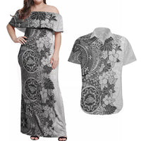 Polynesia Couples Matching Off Shoulder Maxi Dress and Hawaiian Shirt Hibiscus and Hawaiian Tribal Tattoo Retro Style Gray Color LT9 - Wonder Print Shop