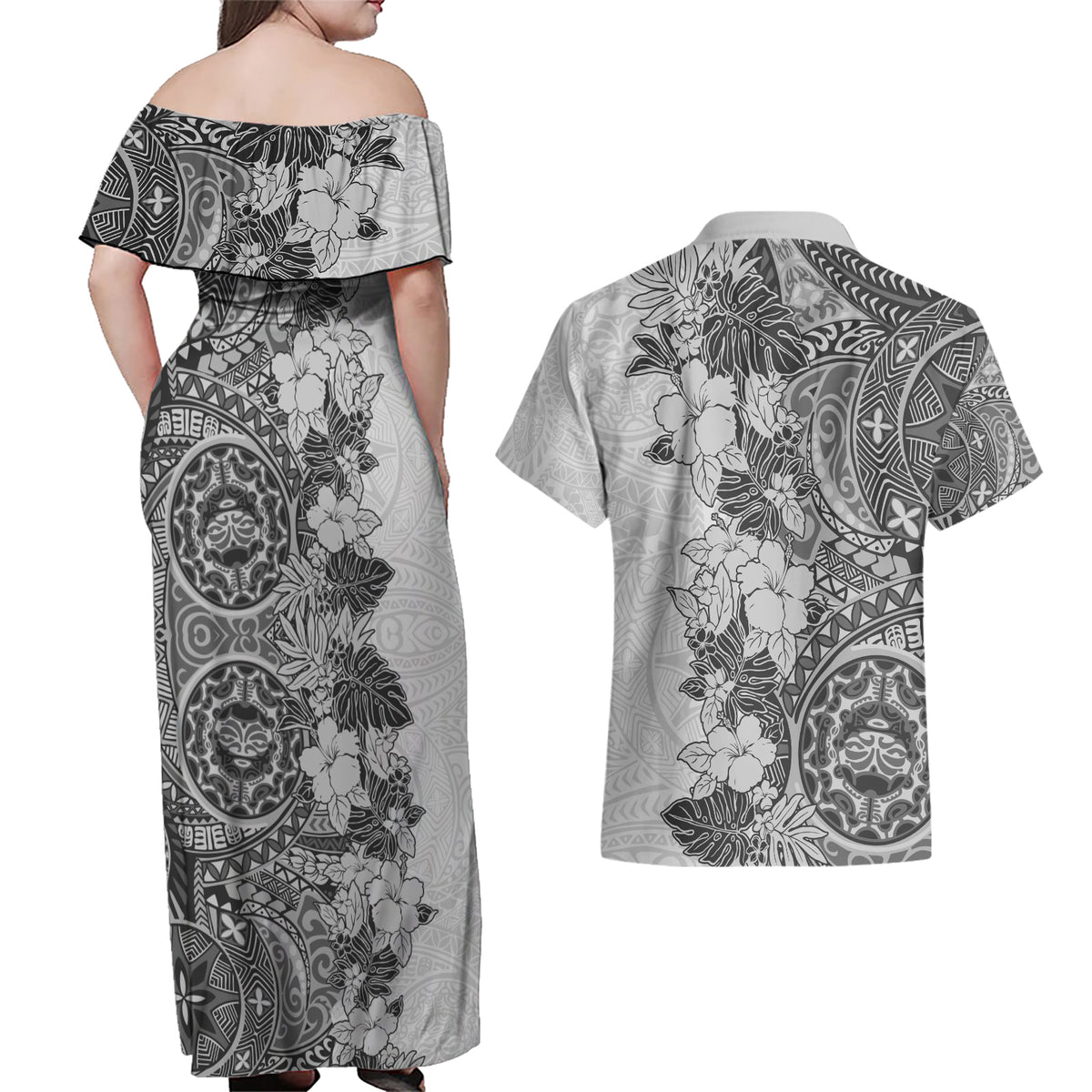 Polynesia Couples Matching Off Shoulder Maxi Dress and Hawaiian Shirt Hibiscus and Hawaiian Tribal Tattoo Retro Style Gray Color LT9 - Wonder Print Shop