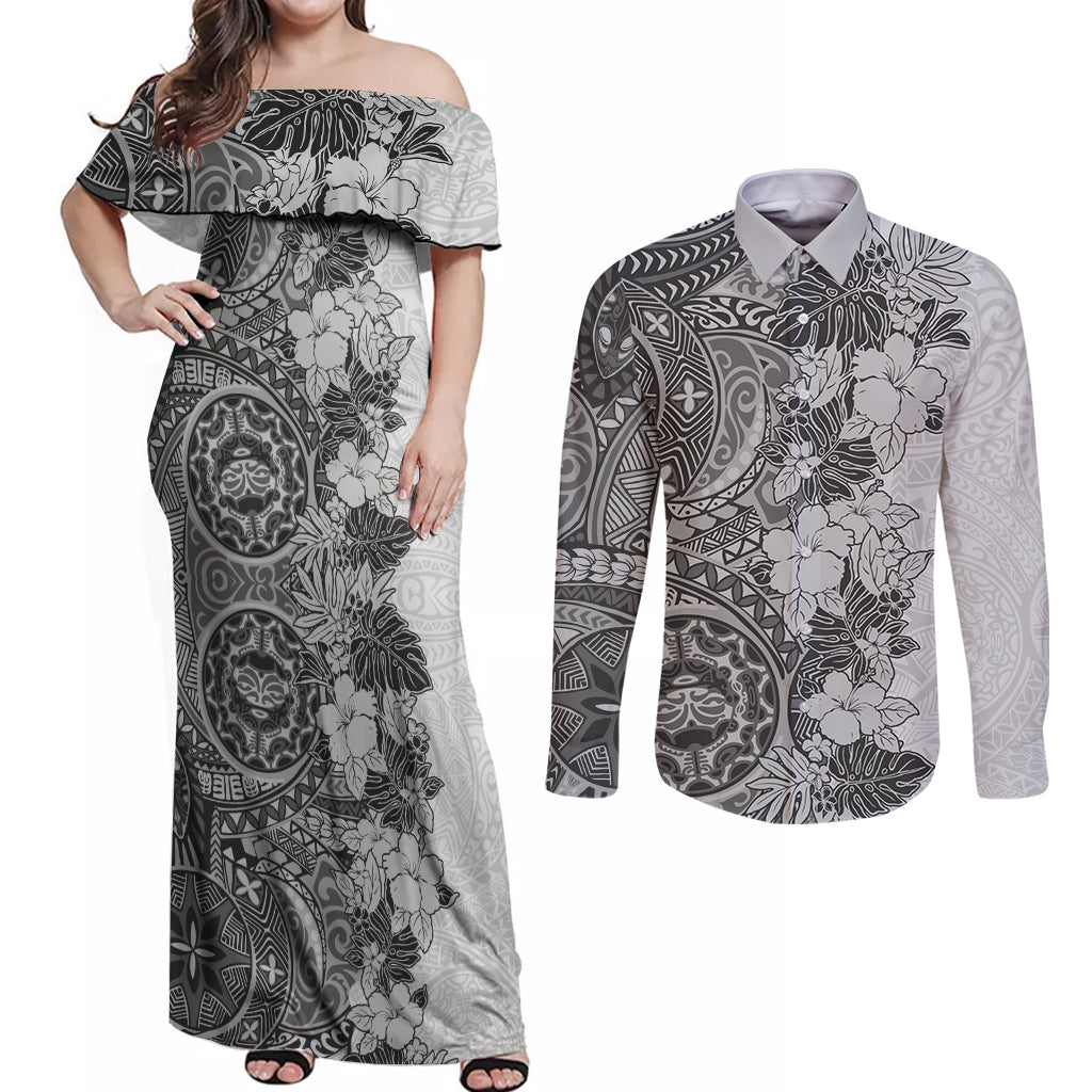 Polynesia Couples Matching Off Shoulder Maxi Dress and Long Sleeve Button Shirt Hibiscus and Hawaiian Tribal Tattoo Retro Style Gray Color LT9 - Wonder Print Shop