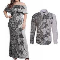 Polynesia Couples Matching Off Shoulder Maxi Dress and Long Sleeve Button Shirt Hibiscus and Hawaiian Tribal Tattoo Retro Style Gray Color LT9 - Wonder Print Shop