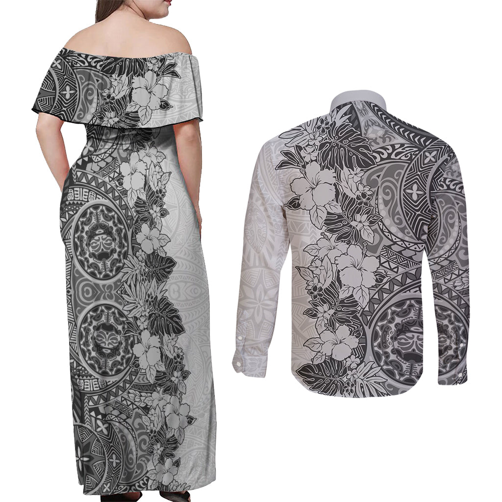 Polynesia Couples Matching Off Shoulder Maxi Dress and Long Sleeve Button Shirt Hibiscus and Hawaiian Tribal Tattoo Retro Style Gray Color LT9 - Wonder Print Shop
