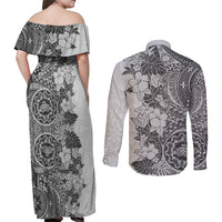 Polynesia Couples Matching Off Shoulder Maxi Dress and Long Sleeve Button Shirt Hibiscus and Hawaiian Tribal Tattoo Retro Style Gray Color LT9 - Wonder Print Shop