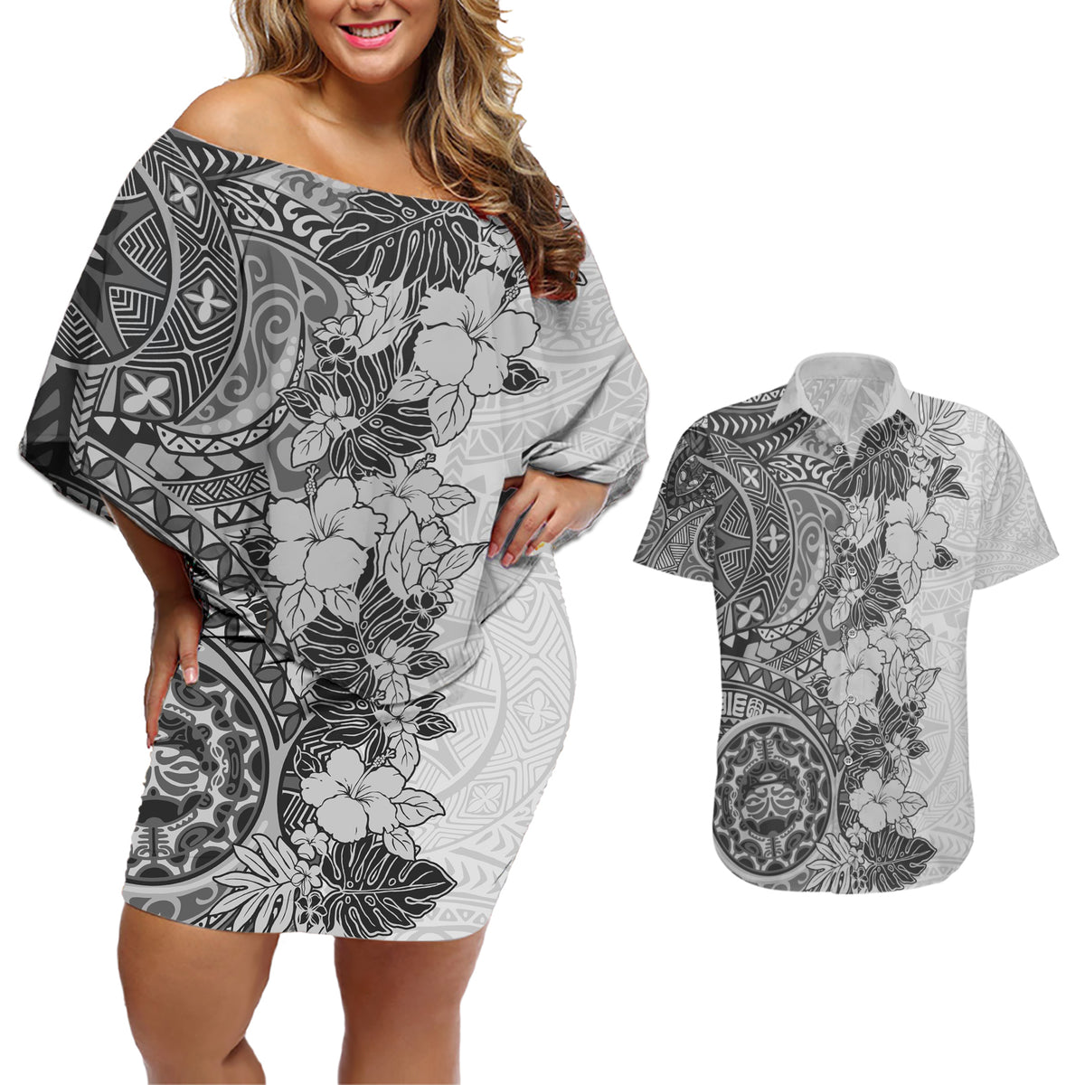 Polynesia Couples Matching Off Shoulder Short Dress and Hawaiian Shirt Hibiscus and Hawaiian Tribal Tattoo Retro Style Gray Color LT9 - Wonder Print Shop