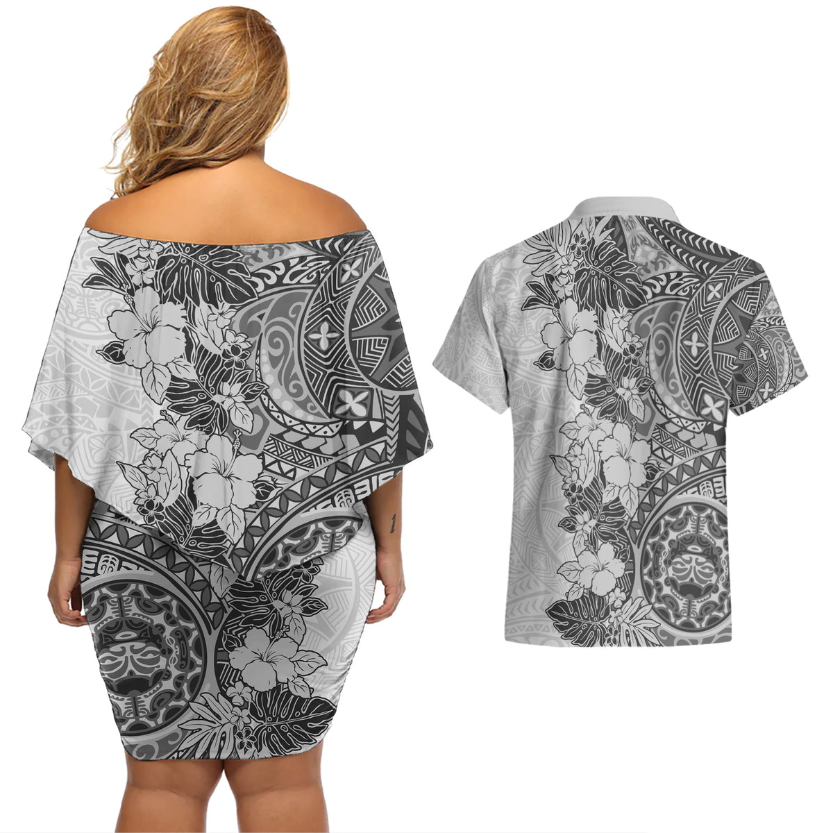 Polynesia Couples Matching Off Shoulder Short Dress and Hawaiian Shirt Hibiscus and Hawaiian Tribal Tattoo Retro Style Gray Color LT9 - Wonder Print Shop