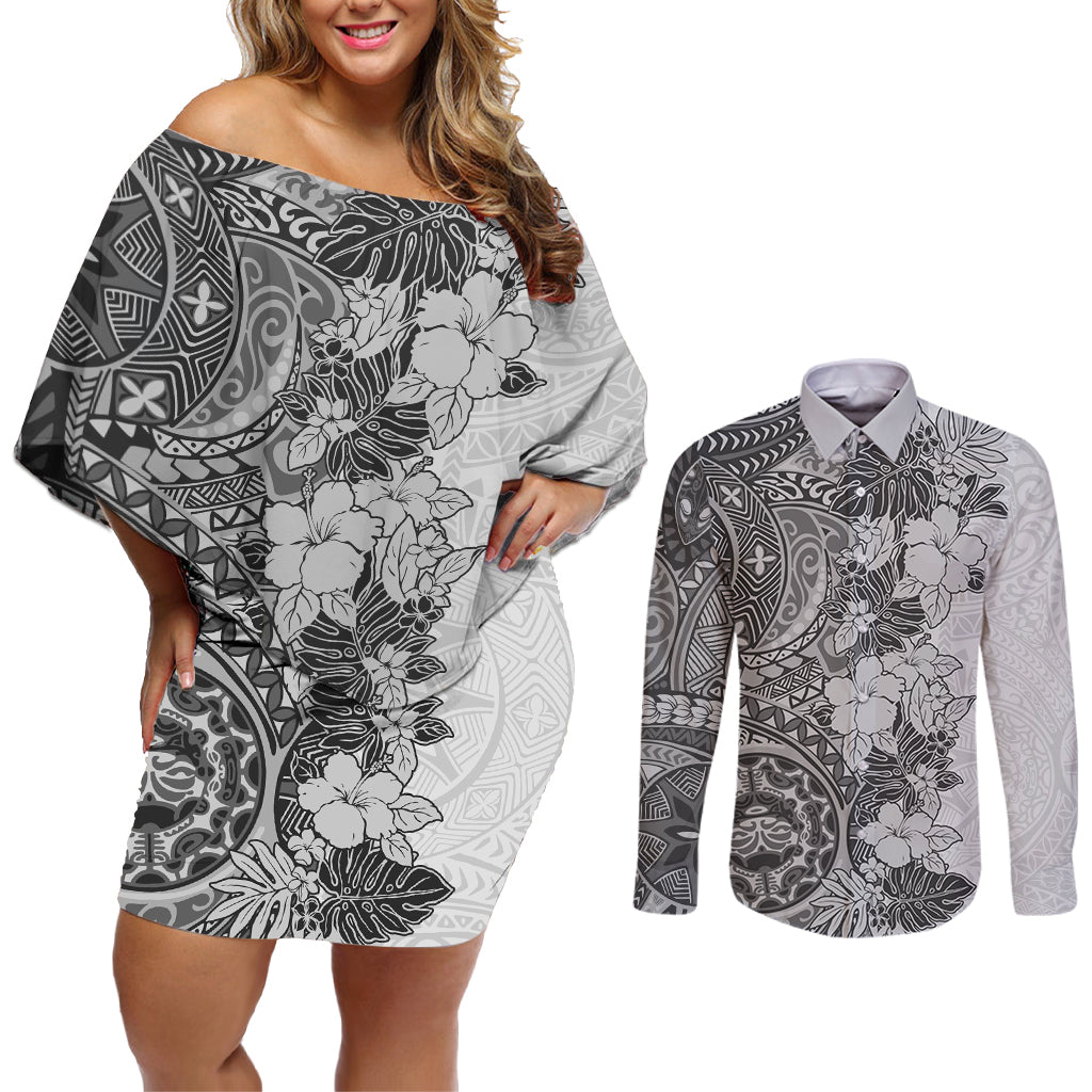 Polynesia Couples Matching Off Shoulder Short Dress and Long Sleeve Button Shirt Hibiscus and Hawaiian Tribal Tattoo Retro Style Gray Color LT9 - Wonder Print Shop