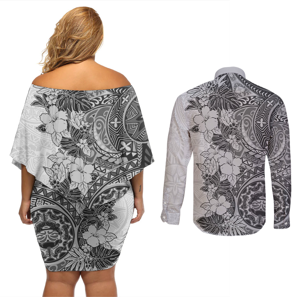 Polynesia Couples Matching Off Shoulder Short Dress and Long Sleeve Button Shirt Hibiscus and Hawaiian Tribal Tattoo Retro Style Gray Color LT9 - Wonder Print Shop