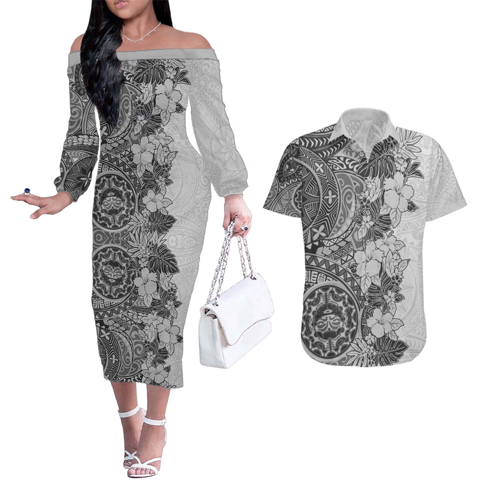 Polynesia Couples Matching Off The Shoulder Long Sleeve Dress and Hawaiian Shirt Hibiscus and Hawaiian Tribal Tattoo Retro Style Gray Color LT9 - Wonder Print Shop