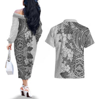 Polynesia Couples Matching Off The Shoulder Long Sleeve Dress and Hawaiian Shirt Hibiscus and Hawaiian Tribal Tattoo Retro Style Gray Color LT9 - Wonder Print Shop