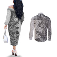polynesia-couples-matching-off-the-shoulder-long-sleeve-dress-and-long-sleeve-button-shirt-hibiscus-and-hawaiian-tribal-tattoo-retro-style-gray-color