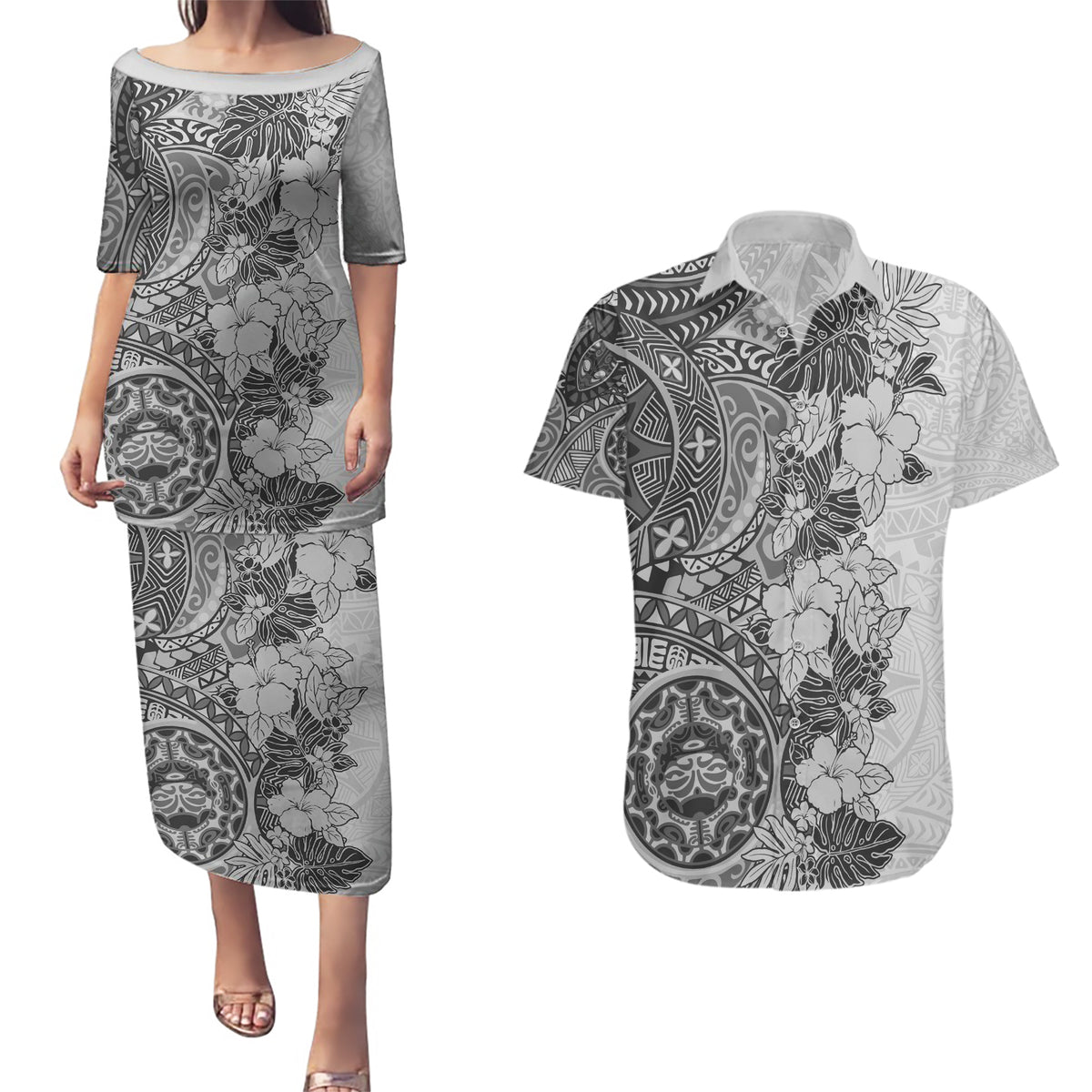 Polynesia Couples Matching Puletasi Dress and Hawaiian Shirt Hibiscus and Hawaiian Tribal Tattoo Retro Style Gray Color LT9 - Wonder Print Shop