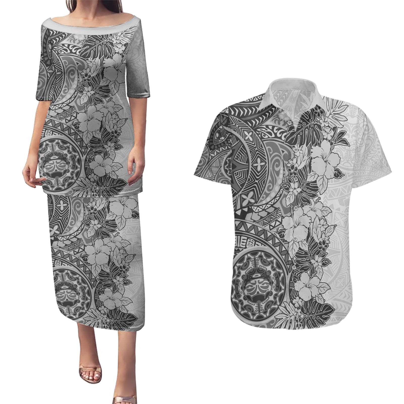 Polynesia Couples Matching Puletasi Dress and Hawaiian Shirt Hibiscus and Hawaiian Tribal Tattoo Retro Style Gray Color LT9 - Wonder Print Shop