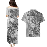 Polynesia Couples Matching Puletasi Dress and Hawaiian Shirt Hibiscus and Hawaiian Tribal Tattoo Retro Style Gray Color LT9 - Wonder Print Shop
