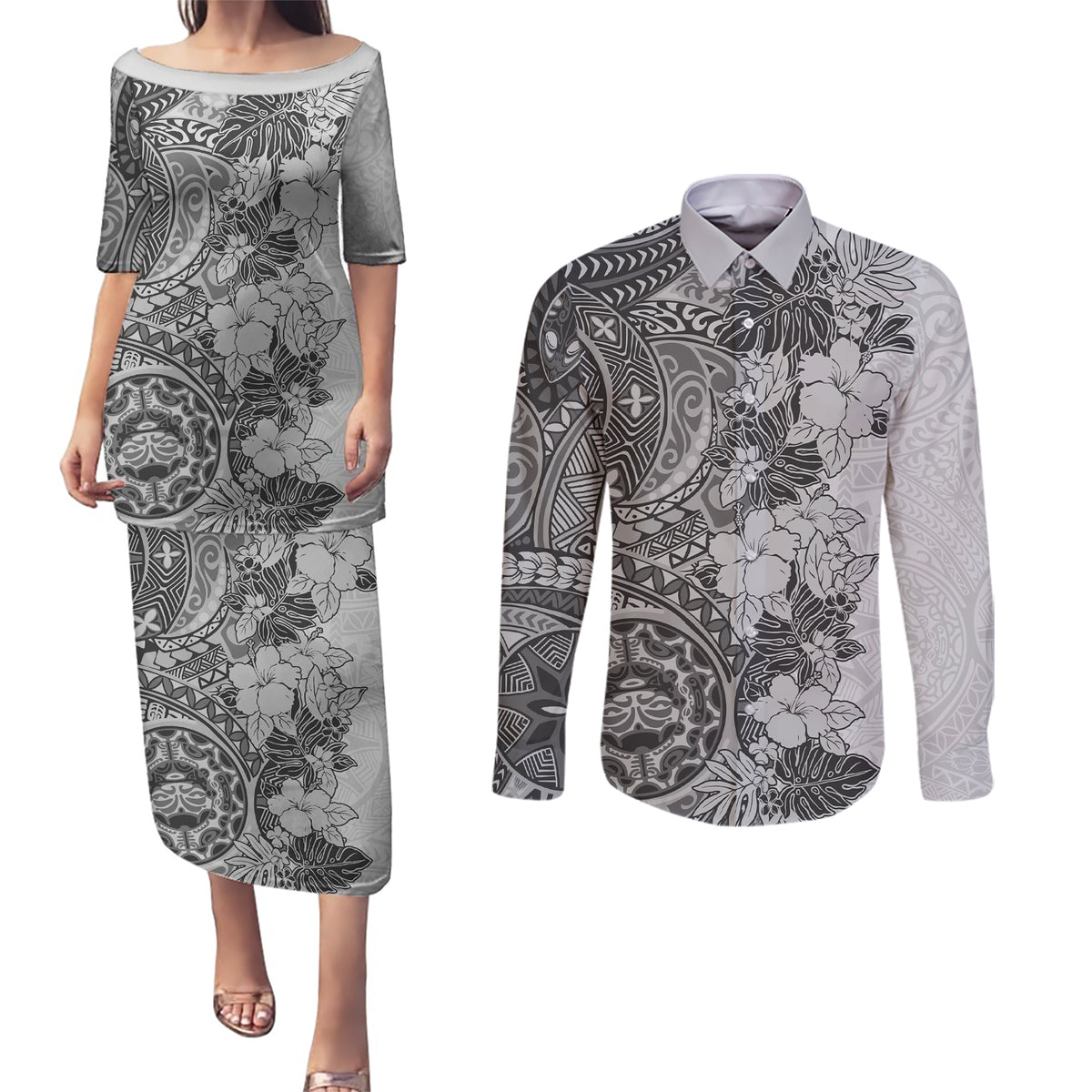 Polynesia Couples Matching Puletasi Dress and Long Sleeve Button Shirt Hibiscus and Hawaiian Tribal Tattoo Retro Style Gray Color LT9 - Wonder Print Shop