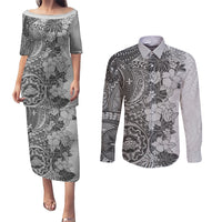 Polynesia Couples Matching Puletasi Dress and Long Sleeve Button Shirt Hibiscus and Hawaiian Tribal Tattoo Retro Style Gray Color LT9 - Wonder Print Shop