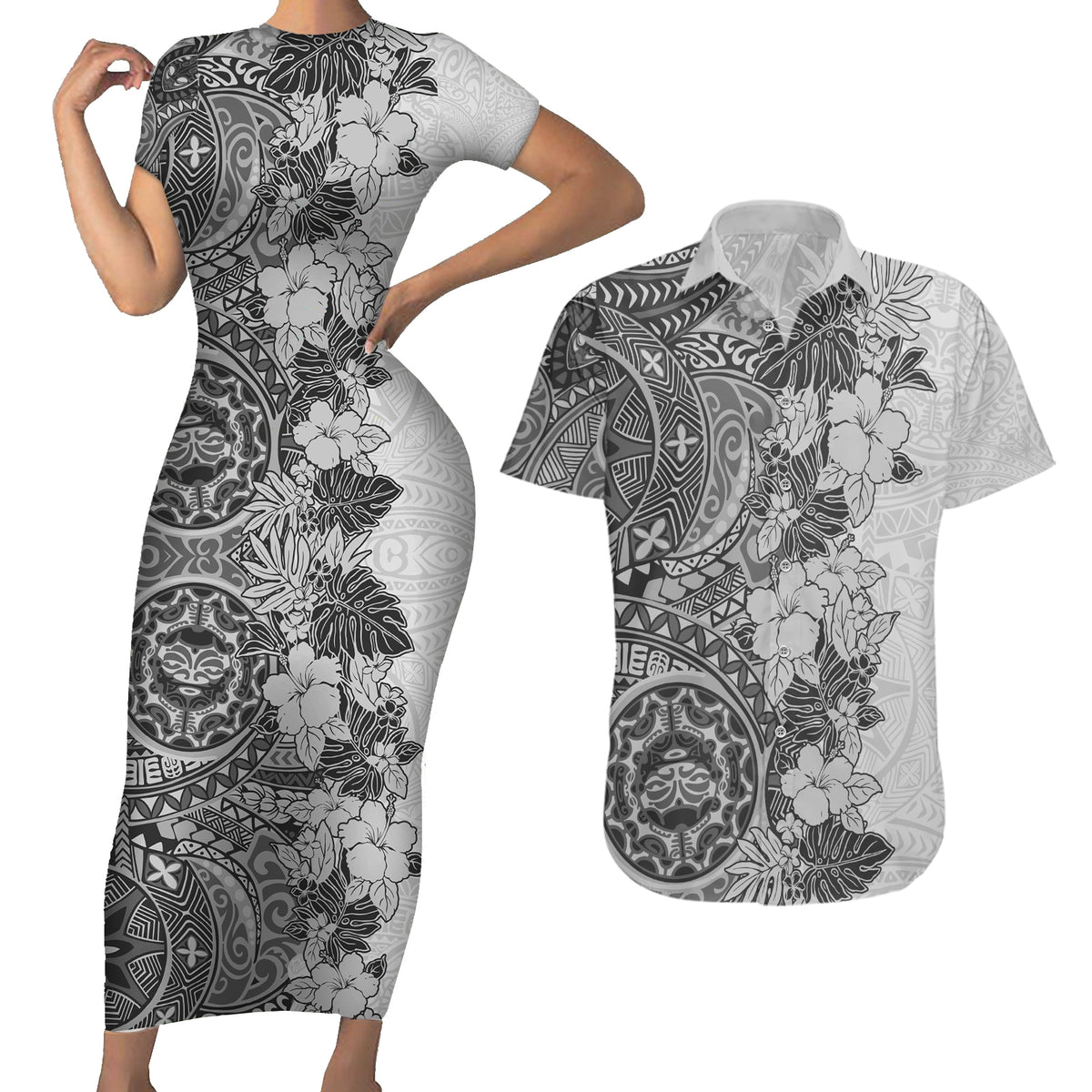 Polynesia Couples Matching Short Sleeve Bodycon Dress and Hawaiian Shirt Hibiscus and Hawaiian Tribal Tattoo Retro Style Gray Color LT9 - Wonder Print Shop