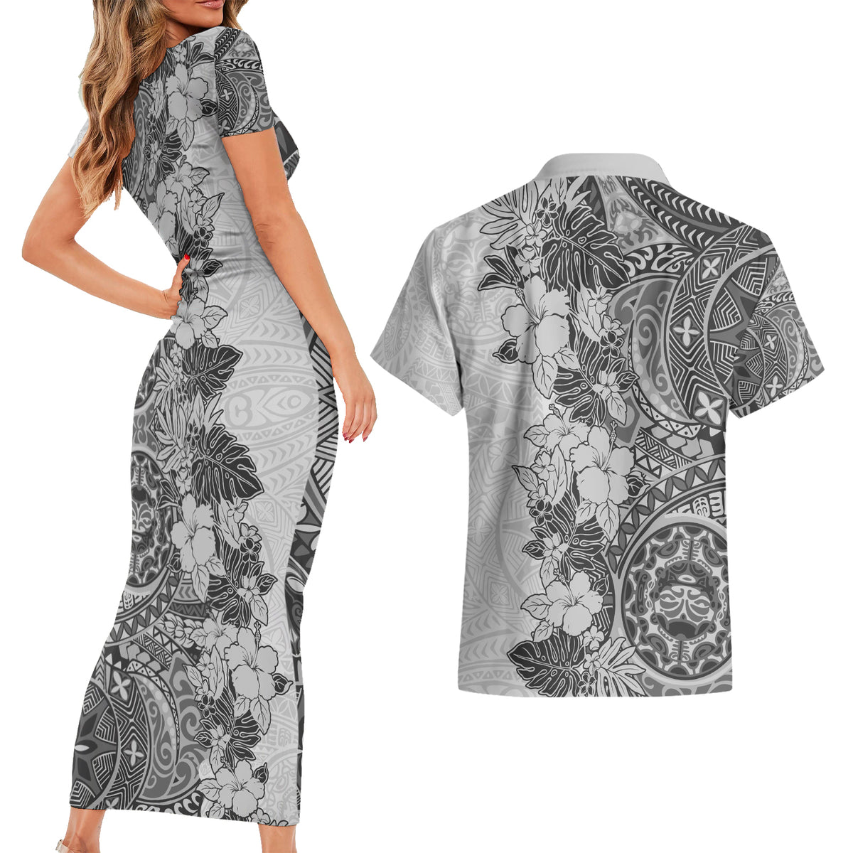 Polynesia Couples Matching Short Sleeve Bodycon Dress and Hawaiian Shirt Hibiscus and Hawaiian Tribal Tattoo Retro Style Gray Color LT9 - Wonder Print Shop