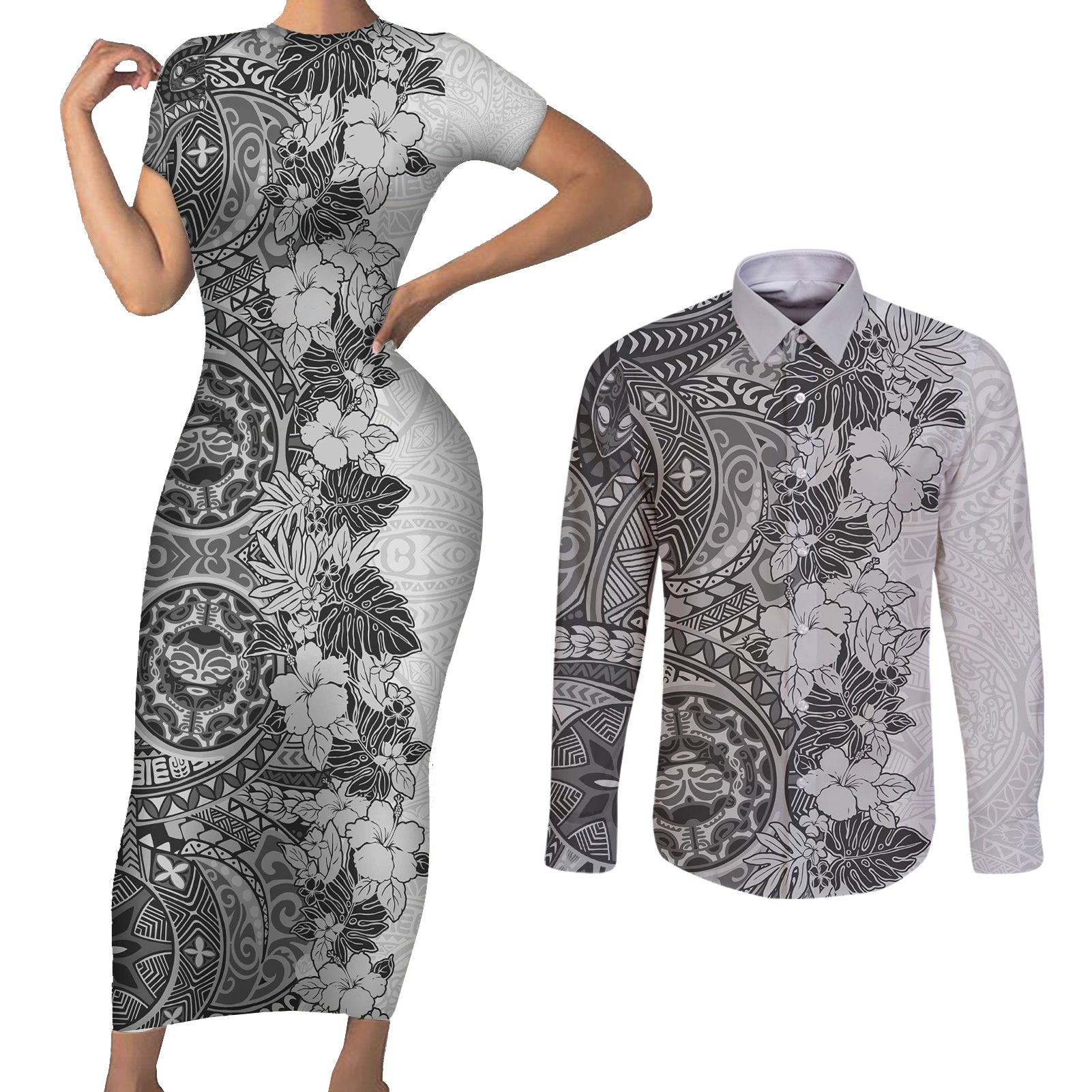 Polynesia Couples Matching Short Sleeve Bodycon Dress and Long Sleeve Button Shirt Hibiscus and Hawaiian Tribal Tattoo Retro Style Gray Color LT9 - Wonder Print Shop