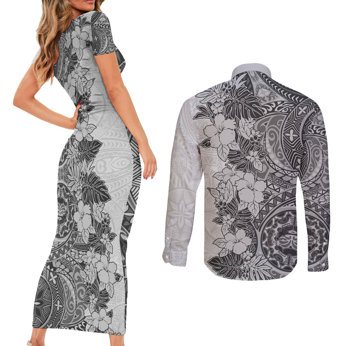 Polynesia Couples Matching Short Sleeve Bodycon Dress and Long Sleeve Button Shirt Hibiscus and Hawaiian Tribal Tattoo Retro Style Gray Color LT9 - Wonder Print Shop