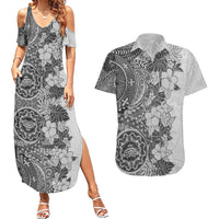 Polynesia Couples Matching Summer Maxi Dress and Hawaiian Shirt Hibiscus and Hawaiian Tribal Tattoo Retro Style Gray Color LT9 - Wonder Print Shop
