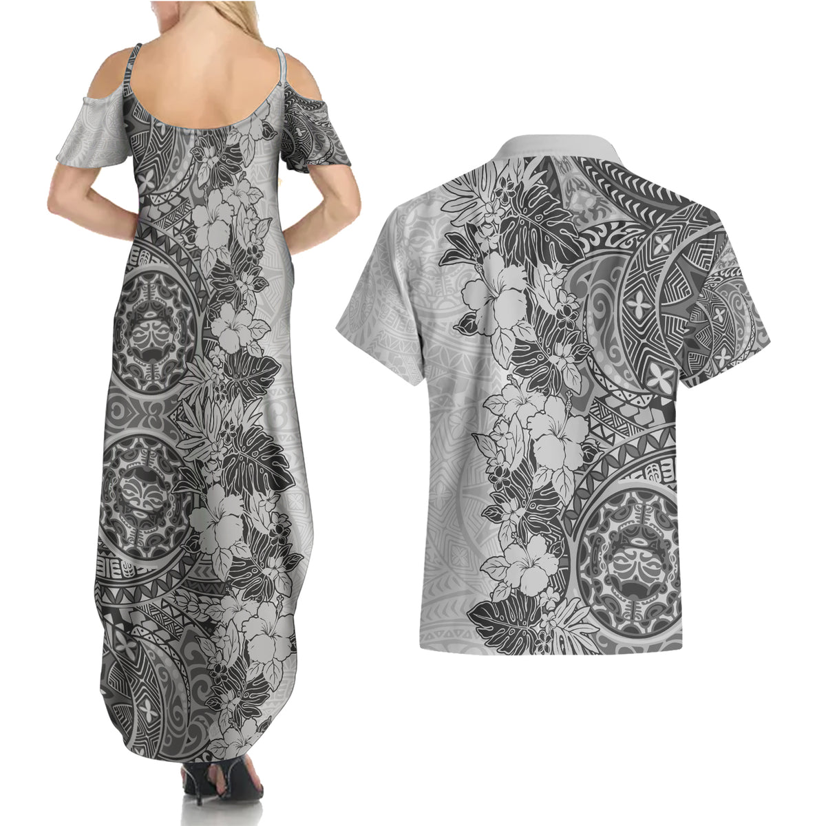 Polynesia Couples Matching Summer Maxi Dress and Hawaiian Shirt Hibiscus and Hawaiian Tribal Tattoo Retro Style Gray Color LT9 - Wonder Print Shop