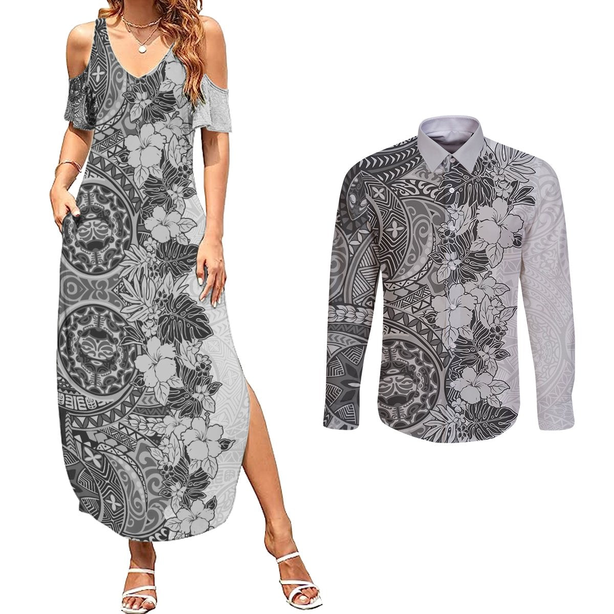 Polynesia Couples Matching Summer Maxi Dress and Long Sleeve Button Shirt Hibiscus and Hawaiian Tribal Tattoo Retro Style Gray Color LT9 - Wonder Print Shop